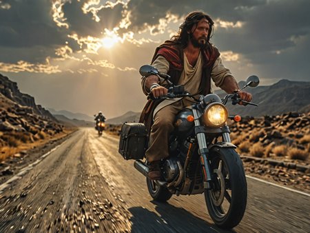 jesus christ on a motorbike <lora:add-detail-xl:1>,  epic shot, sharp image, dramatic lighting, highest quality, 8k, dark colors <lora:MJ52:0.6>