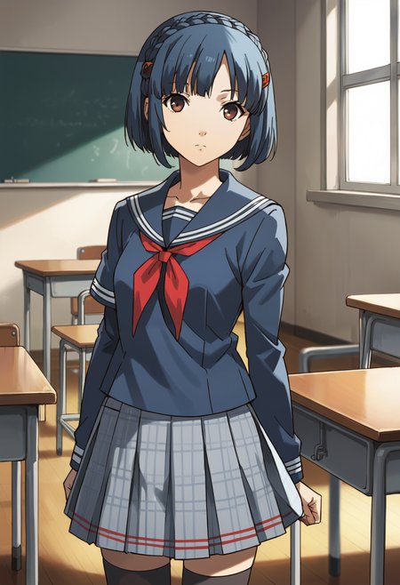 score_9, score_8_up, source_anime, 1 girl, solo, cute face,
p4aika, short hair, blue hair, hair ornament, crown braid,
school uniform, serafuku, yasogami school uniform, skirt, brown eyes, houndstooth skirt, black thighhighs, zettai ryouiki,
looking at viewer, expressionless, standing,
inside, classroom, 
masterpiece, best quality, ultra detailed,