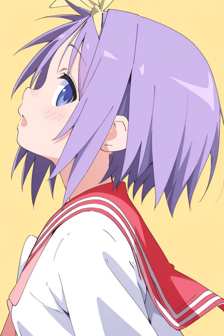 masterpiece, best quality, amazing quality,
 <lora:Cynical_IL:1> cynical, 1girl, solo, school uniform, purple hair, short hair, ryouou school uniform, serafuku, sailor collar, blue eyes, looking at viewer, yellow hairband, hairband, yellow background, open mouth, red sailor collar, simple background, from side, profile, tsukasa