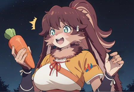 anime screencap, anime screenshot, anime coloring, 1girl, furry female, rabbit girl, long hair, brown hair, ponytail, blue eyes, furry, japanese clothes, wristbands, obi, short sleeves, fur collar, hands up, big breasts, surprised, blush, starry eyes, holding carrot, smile, open mouth  <lora:lop_illus:1>, masterpiece, best quality, amazing quality, very aesthetic, absurdres, highres, newest