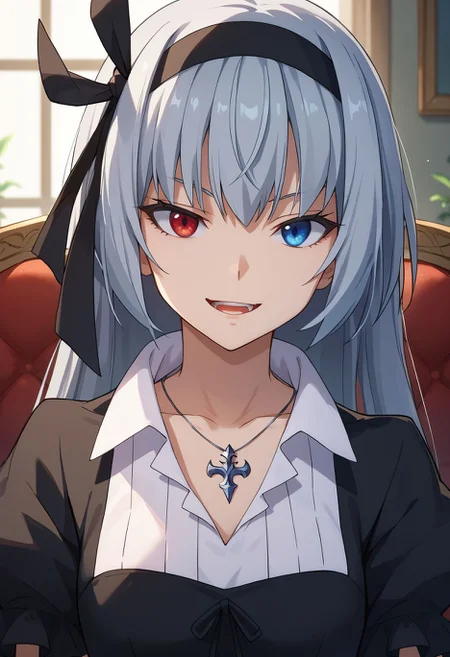 score_9, score_8_up, score_7_up, score_6_up, <lora:luminous_valentine_pdxl_goofy:1>lvslime, 1girl, solo, heterochromia, blue eyes, long hair, red eyes, necklace, jewelry, looking at viewer, hairband, sitting, open mouth, short sleeves, ribbon, upper body, collarbone, smile, black ribbon, grey hair, shirt, chair, black hairband, gothic , black dress, dress, puffy sleeves