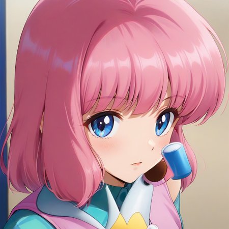 Nakajima Noriko, pink hair with bangs, blue eye, wearing a pink vest over a blue-green checkered shirt, white shorts,,