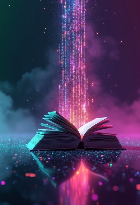 A surreal image of a standing book, its structure deteriorating into ascending bytes that fade into infinity, symbolizing the transition from paper to digital. The upper half of the book has already vanished into a digital void. The scene is illuminated by neon tones, blending vibrant purples, blues, and greens. The book stands on a dark, glossy surface that reflects the neon glow, surrounded by scattered pages transforming into glowing binary code. The atmosphere is ethereal and futuristic, with a faint mist enveloping the scene. The perspective is slightly tilted, giving a dynamic view of the transformation, and the lighting emphasizes the glowing, fragmented bytes as they ascend into a starry digital void.