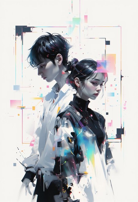 aidmaimageupgrader, male and female character framed by geometric shapes, glitchcore aesthetic, white space dominance, minimalist design, soft gradients, glowing holographic lines, fragmented glitch effects, subtle neon overlays, abstract symmetry, futuristic fashion with clean lines, muted color palette, digital distortion around edges, serene atmosphere, faded visual artifacts, worn textures, dreamlike holographic glow, delicate composition, degraded digital aesthetics, quiet focus, ethereal ambiance,pscho_4rt
