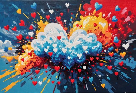 abstract, pixel art, pixelated cloud dissolving, explosion of pixelated hearts, textured canvas, bold colors, chaotic composition, expressive brushstrokes, contrasting light and shadow, raw emotion