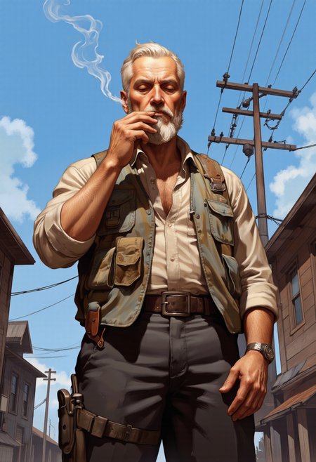 By JoFoGriGreToc. A digital illustration shoot from a low-angle perspective about an elderly man smoking a cigarette while standing in a rural setting with a blue sky and power lines in the background. the image also shows smoke coming from his mouth. on the middle of the image, a middle-aged, white-haired man with a beard and mustache, who appears to be around 60 years old, is standing with his hands in his pockets, wearing a utility vest over his shirt and black pants. he has a serious expression on his face and is holding a cigarette in his right hand, with his left hand resting on his hip. he is facing the viewer and looking upwards. the man has a white beard and a mustache, and his hair is styled in a short, white hair color. his eyes are closed, and he is wearing a watch on his left wrist. his body is muscular, with a shirt tucked in close to his waist, and a belt with a holster on his pants. the background features wooden buildings and utility poles, and the lighting is bright and vivid, casting a warm glow on the man's face and body.
