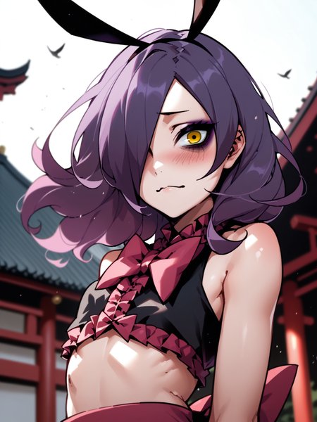 <lora:happy_tentacle-stacia-v0.3-000016:0.85>, ht_fishstacia, flat chest, (purple hair, yellow eyes:0.8), medium hair, hair over one eye, (floating hair:1.1), midriff, navel, frills, bags under eyes, purple eyeliner, blush, black gloves , upper body, 1girl, solo focus,(seductive:1), outdoors, shrine, kimono , , depth of field, from below, (petite:1.2), [(realistic, photorealistic:1.2):(realistic:1.3):22], [(3d:1.3)::12], <lora:LUUNA's Lunas-NijiJourney-SDXL-B2:0.5>, nijijourney, <lora:prgfrg23's Counterfeit-V3.0 Style SDXL_LoRA_Pony Diffusion V6 XL:0.35> <lora:mfcg's mfcgXL:0.1> <lora:Shed_The_Skin's StS_age_slider_v1_initial_release:-1.1>, score_9, score_8_up, score_7_up, score_6_up, score_5_up, score_4_up,