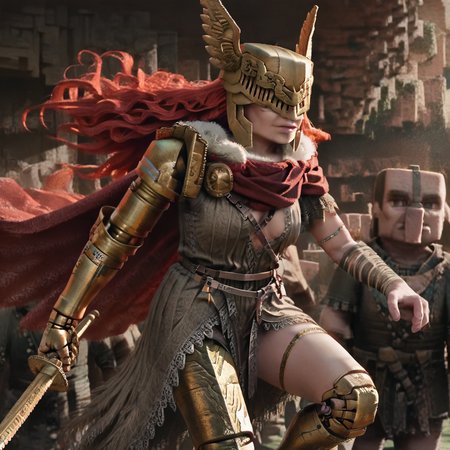 masterpiece, best quality, newest, absurdres, highres, MCMCG_V1.0-IL, cgi, 3d, realistic, 1girl, malenia blade of miquella, floating hair, red hair, long hair, prosthetic leg, armor, gold armor, winged helmet, armor, red cape, prosthetic arm, single mechanical arm,  holding sword, sword, weapon, holding, holding weapon