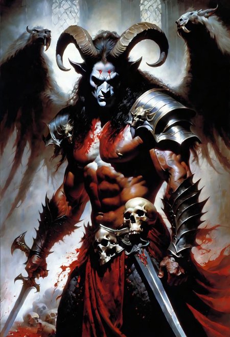 mj, Best Quality, cinematic, close-up, demon with goat head with big horns, strong and strong upper body, demon skins, skins, (claws, wings)), demonic armor, blood splatter, skulls on the ground, standing in blood ritual, medieval, dark room, dim light, masterpiece, realistic, oil painting Gabriele Dell'otto, AI Midjourney, bright saturated colors, watercolor, oil paints, 500px, 4k,oil paint