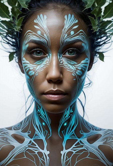 bioluminescent, mysterious face of a native woman in plant clothing, fading white background, alluring goddess, by Minjae Lee, Carne Griffiths, Emily Kell, Steve McCurry, Geoffroy Thoorens, Aaron Horkey, Jordan Grimmer, Greg Rutkowski, amazing depth, double exposure, surreal, geometric patterns, intricately detailed, bokeh,  perfect balanced, deep fine borders, artistic photorealism , smooth,  great masterwork by Suiras  <lora:add-detail-xl:2>  <lora:Double_Exposure:0.5>