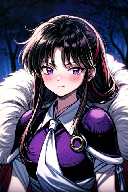 masterpiece,  best quality 1girl Setsun4 solo long hair,  (night time) forest background black hair very long hair purple eyes multicolored hair armor (fur trim) (medium body),<lora:EMS-179-EMS:0.800000>,<lora:EMS-293862-EMS:0.800000> bow, hair_bow, hair_tubes, red_bow, brown_hair, long_hair, bangs, ascot, frilled_bow, yellow_ascot, blush, smile, hair_between_eyes, athletic, armor, miko