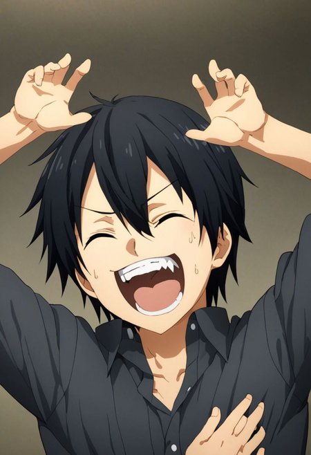 high resolution, solo, best quality, 1Boy, Kazuto Kirigaya, Black Hair, Black Eyes, laughing, tickled, OverallDetail