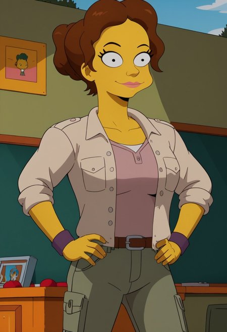 ((bedroom background)),score_9, score_8_up, score_7_up,score_6_up, 
1girl, solo, CarolB_TS, yellow skin, black eyes, dark brown hair, voluminous wavy hair, hair gathered in a loose bun, purple wristband, beige jacket rolled up, dull pink sleeveless shirt, green short cargo pants, brown belt with silver buckle, dark purple military boots, big eyes, tall stature, social smile, perfect eyes, perfect smile, looking at the viewer, big breasts, detailed eyes, perfect eyes, cute, standing, (front pose, bust shot, close up to face, face portrait:1) hands on hips