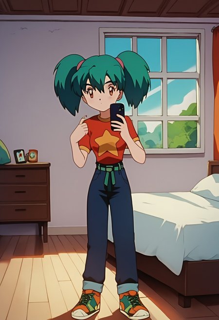 score_9, score_8_up, score_7_up, score_6_up, score_5_up,
pkmnduplica, 1girl, green hair, aqua hair, twintails, bangs, hair between eyes, brown eyes, vivid red shirt, star (print), short sleeves, navy blue pants, green belt, orange sneakers
standing, bedroom, window, bed, pillows, detailed background, mirror, selfie, cellphone holding cellphone, purple cellphone, solo
