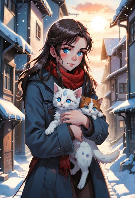 Beautiful hand drawn old style anime shot. Young happy girl in heavy coat holding a kitten in a hug as she walks through a modern fantasy midevil street in the snow. The cat is a calico cat. The girl has has long hair and red eyes. The kitten has blue eyes. Highly detailed sky. Mid day. White sunlight. The kitten is looking up at the girl it's back against her. Red eyes girl. Highly detailed. 50mm lens. 8k resolution. Beautiful composition. Blue eyed kitten.
