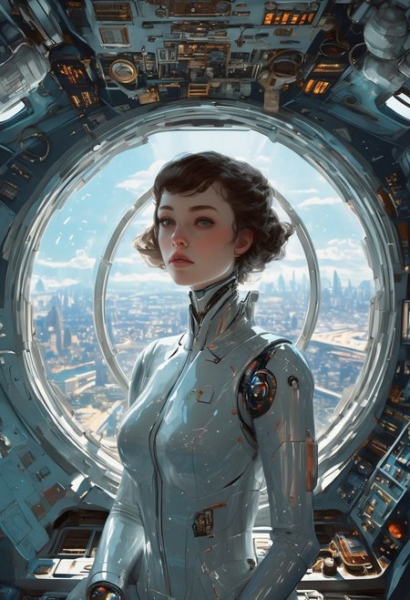 cpunk, 
1girl, robot, big natural tits, deep cleavage, steel collar, feminine, looking at viewer, in space ship , dramatic lighting, ((space ship window in the back looking at starts)) front view by norman rockwell ((full-clothed)), BREAK (space ship background:1.1) score_9, score_8_up, score_7_up, score_6_up, source_cartoon, rating_explicit, Expressiveh, (((upper body:1.5))), dynamic pose