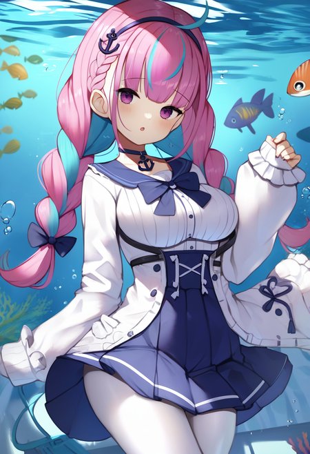 score_9, score_8_up, score_7_up, score_6_up, <lora:DPOXL:1> <lora:scottieXL_JS2_lokr_V1225:1> 1girl, minato aqua, virtual youtuber, solo, ahoge, multicolored hair, skirt, long hair, looking at viewer, bangs, breasts, long sleeves, braid, two-tone hair, anchor hair ornament, blue skirt, white jacket, hair ornament, pink hair, hairband, blue hair, purple eyes, streaked hair, jacket, twin braids, open clothes, aquarium, twintails, shirt, white shirt, bow, open mouth, fish, white pantyhose, pantyhose, pleated skirt, blunt bangs, open jacket, high-waist skirt, anchor symbol, sleeves past wrists, purple hair, cowboy shot, choker, medium breasts, large breasts, parted lips, frills