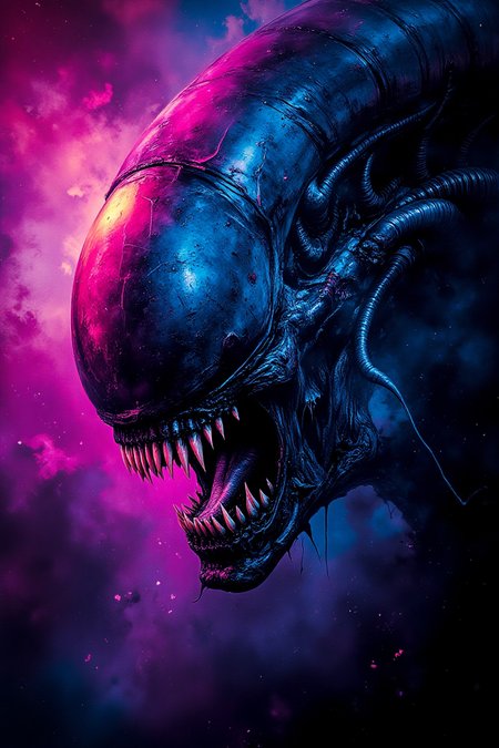 masterpiece, neon splash art of the head of a xenomorph (from the movie franchise Alien, Aliens), vibrant surreal colours

Dark Art