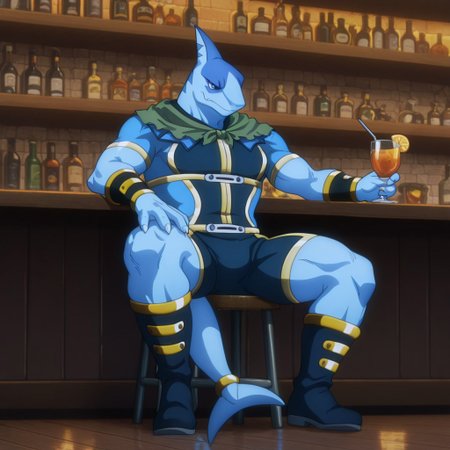 masterpiece, best quality, amazing quality, Arabaslfil, anthro, male, shark, blue skin, blue eyes,  gold trimmed blue bodysuit, gold armbands, gold trimmed dark blue bracers, gold trimmed dark blue boots, green capelet, gold tail ring, sitting, at a bar, having a drink 1boy, solo