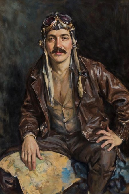 howardchandlerchristy1 illustration.
frankowensalisbury1. A WW1 pilot with a mustache, dressed in a leather jacket and wearing aviator goggles. He is posing with a raised knee, with an arm resting on his knee. He is holding a map. The background is dark and textured. 
 <lora:howardchandlerchristy1_d8a4e11:1.0><lora:865854253111970523:0>