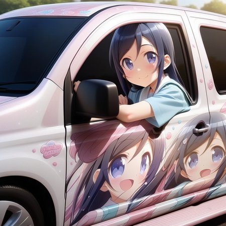 aragaki ayase,school uniform,smile, from side(lapping car,print car,painted car style),masterpiece,best quality, very aesthetic, absurdres,  ultra detailed  <lora:Ayase_Aragaki_-_Oreimo:0.7> <lora:lappingcar:1>