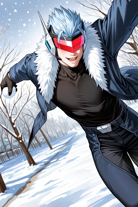 realistic shading, natural lighting, blindfolded-male focus, expressive happy face, saberregulator, red_saberregulator_tinted eyewear, light blue_saberregulator_spiked hair, grey-blue_saberregulator_single ear antenna, black_chin-headpiece, 1boy, shiny skin, incoming attack, incoming throw, holding snowball, winter cosplay, fur-trimmed coat, black turtleneck, cowboy shot, day outdoors park, snowing, snow, shadow, foreshortening, dutch angle, dynamic angle, dynamic action, intricately detailed illustration, cinematic, depth of field, atmospheric perspective, masterpiece, best quality, amazing quality, very aesthetic, absurdres, newest