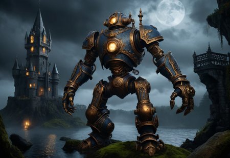 giant bipedal robot dirty slate blue and dark amber, bronze paisley robot. lacy robot diving helmet head. outside of a steampunk keep. large detailed torso. dark image. one forty foot tall ancient robot with great arms and two heavy spring legs. dark foggy night background. $dark foggy night image only. dark photo realistic image. steampunk details. cogs, chains and pipes incorporated in the fantasy buildings. magic wizards tower in background. Dark swamp, moss, castle ruins, wizards tower. stormy dark night.  Lightning sky