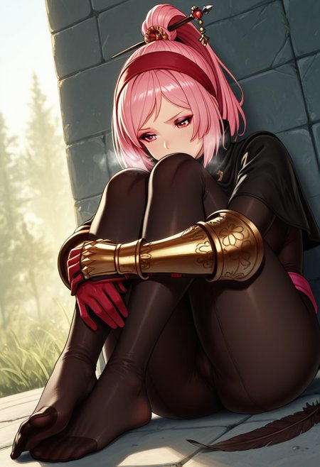 nikichen,  outdoors, undershirt, falling feathers, black bodysuit, hair stick, hugging own legs, , gauntlets,   eyeshadow,   red gloves,  high ponytail,  , black capelet, red hairband, pink eyes, 1girl, solo, feet, visible breath,   dynamic angle, foreshortening, smell, steam,