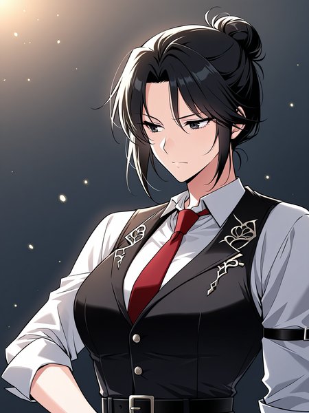 <lora:Omniscient_Readers_Viewpoint__Jung_Heewon:1>
1 girl, solo, black hair, long hair, black eyes, tied hair, hair bun, 
white shirt, red necktie, black vest, black pants, black belt, formal outfit, sleeveless vest, rolled-up sleeves, 
score_9, score_8_up, score_7_up, score_6_up, source_anime, rating_explicit, masterpiece, best quality, intricate details, gothic fantasy, upper body portrait, dramatic pose, confident gaze, cinematic lighting, clean background, glowing magical particles, detailed face, vibrant colors