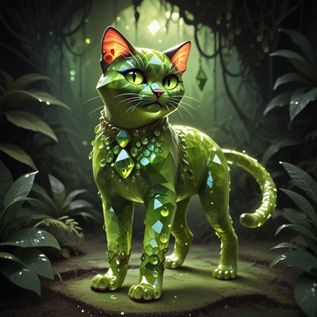 embedding:lazyup, (cat:1.2), cat made of hud_per1d0t_wrld, green gemstone, crystal, gem, shiny, standing in an intricate crystal jungle with bioluminescent vines and glowing flora, masterpiece, vibrant colors, ethereal lighting, surreal atmosphere <lora:hud_per1d0t_wrld_XLP:1.0000000000000002> <lora:TrendCraft_The_Peoples_Style_Detailer-v2.0A-3_13_2025-PonyXL:0.4000000000000001>