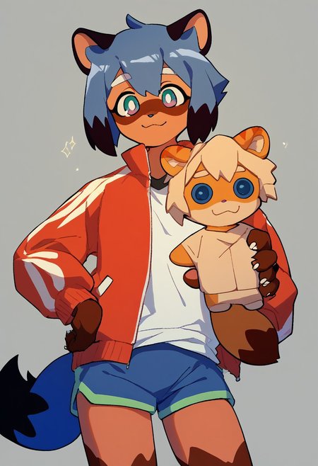score_9, score_8_up, score_7_up, score_6_up, solo, michiru kagemori, short hair, black hair, animal ears, blue hair, multicolored hair, furry, furry female, raccoon ears, body fur, raccoon girl, raccoon tail, tail, shirt, jacket, white shirt, shorts, red jacket, blue shorts, track jacket, holding food, looking at viewer, character doll, holding doll <lora:BakingMyLongDistanceBfIntoACookieBecauseIMissHimMeme_pdxl_Incrs_v1:1> BREAK milkytiger, tiger ears, tiger boy, white eyebrows, blue eyes, 1boy, solo, mesugaki, smile,  character doll <lora:BakingMyLongDistanceBfIntoACookieBecauseIMissHimMeme_pdxl_Incrs_v1:1>