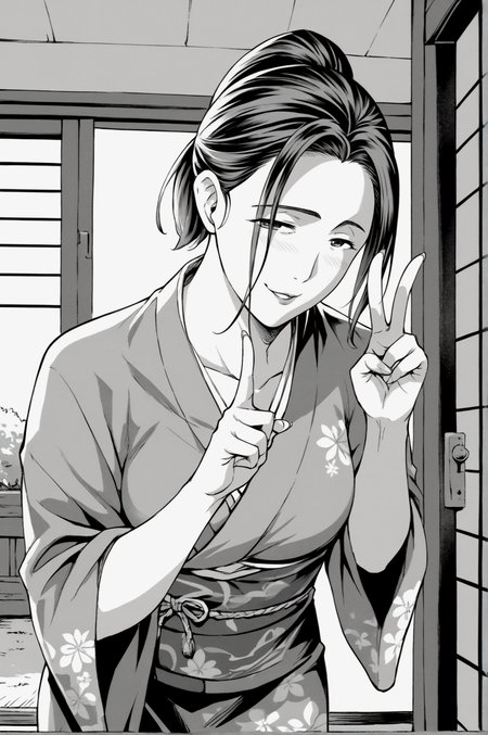 score_9, score_8_up, score_7_up, monochrome, manga_source, best background, detailed background, manga, grayscale  Okamoto, horny, ponytail, japanese clothes, kimono, indoors, bent over, naughty face, solo, standing, v fingers, victory fingers, <lora:JN_Okamoto:0.8>