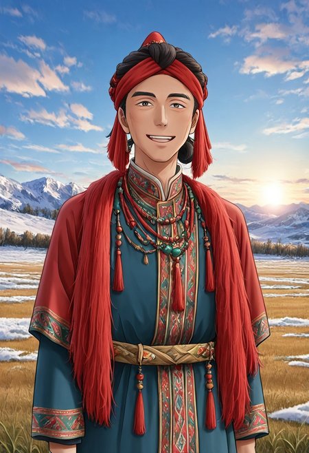 Khampa Tibetan Red Headknots
wearing Red Headknots,solo,1 handsome young man,,1 tibetan boy,happy,looking at the viewer
 anime screencap,tibetan dress, looking at viewer,grassland,sun,meadow,cloudy sky,blue sky,winter,snow