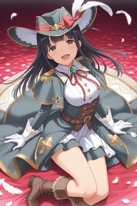 masterpiece, best quality, amazing quality,
 <lora:Mahiru_IL:1> mahiru, 1girl, hat, solo, gloves, black hair, long hair, smile, white gloves, boots, feathers, open mouth, looking at viewer, hat feather, petals, black eyes