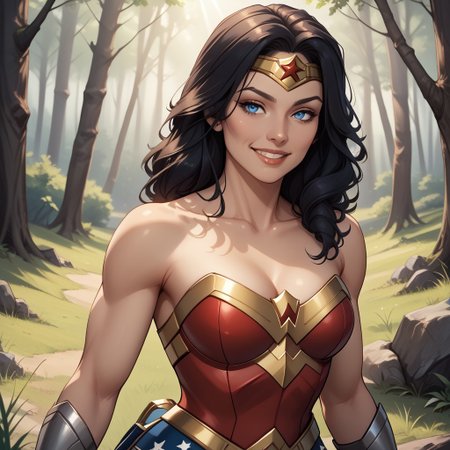 score_9, score_8, BREAK, 1woman,black hair,long hair,blue eyes,wonder woman, sexy pose, self portrait, smile, outdoors, sunlight, shadows, evening lighting, natural lighting, forest, trees, grass, orange sky, sunset