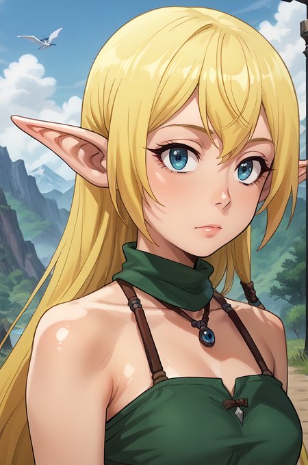 1girl, solo, outdoors, 
 <lora:tuka luna:0.8> Tuka_Luna, girl, blonde hair, blue eyes, very long hair, pointy ears, elf, , score_9, score_8_up, score_7_up, source anime, (shiny skin:1.20),