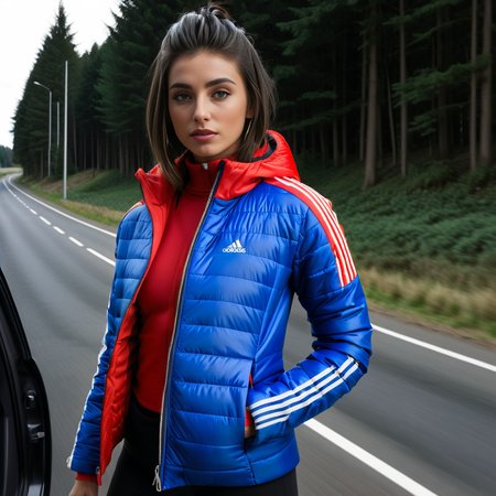 (dark cinematic still, dark vibes) sexy slim skinny one british women ,unique, wearing a zipped up  red and blue  from high collar and cuffs black adidas_puffer_jacket, unique hair styles, 8k uhd, dslr, high quality, photorealistic, realism, hyperrealism,  ((car scene)), 
<lora:adidas_puffer_jacket_v1:1> <lora:add-detail-xl:3> <lora:Collar-SDXL:0.5> <lora:Cuffs-SDXL:0.5>
