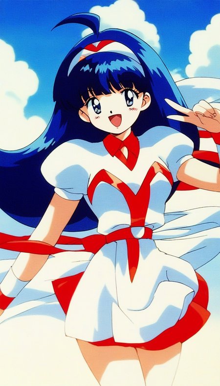 score_9, score_8_up, score_7_up, source_anime, rating_explicit, BREAK <lora:Tsurugino_Hikari_XL:1>Tsurugino_Hikari, long hair, blue hair, 1990s (style), hairband, blue eyes, bangs, ahoge, small breasts,
1girl, solo, hat, retro artstyle, skirt, open mouth, uniform, smile, 
wristband, looking at viewer,  puffy sleeves, short sleeves, bow, dress, :d
dauy, sky, outdoor.