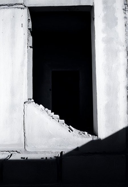 detailxl, 80sc1nemat1c5tyle, creamy bokeh, black and white, colorless, monochrome, BREAK, hole in the wall, darkness, dark, bricks, rubble