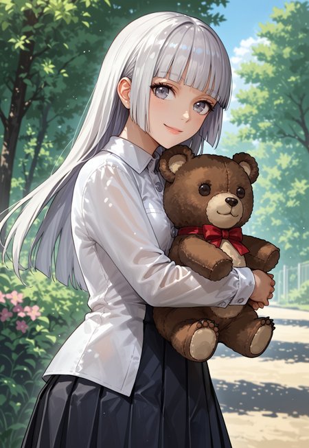 score_9, score_7_up, source_anime, woman, solo, small breasts, white hair, hime cut, gray eyes, white shirt with buttons, long black pleated skirt, looking at viewer, smiling, hugging teddy bear, Wada Arco, outside,