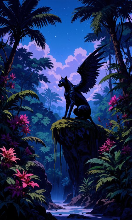 A fantastical jungle scene featuring lush emerald foliage intertwined with bioluminescent vines emitting a soft lavender glow. Vibrant orchids and towering palms create a canopy of colors beneath an ethereal twilight sky sprinkled with stardust. Mystic mists hover amidst the undergrowth, where a mythical creatureâa winged jaguar with shimmering obsidian feathersâis silently perched on a moss-covered boulder, its luminous eyes piercing through the twilight. The scene is captured with dynamic depth, showcasing intricate textures and surreal colors harmoniously blended, creating a magical atmosphere. Shadows dance among the foliage, enhancing the surreal ambiance, while ambient light casts an enchanting, dreamlike aura over the mystical landscape. This splendid artwork is rendered in intricate detail, featuring an 8k resolution and masterpiece quality, evoking a breathtaking and mystical allure. <lora:Hand v2:0.8> <lora:FluxFantasyDetailerV2:0.7> <lora:NeonFantasyPrimeFLUX-000049:0.6> <lora:Comic book V2:0.4> <lora:Organic Sauce - FLUX:0.6> <lora:flux_dev:1>
