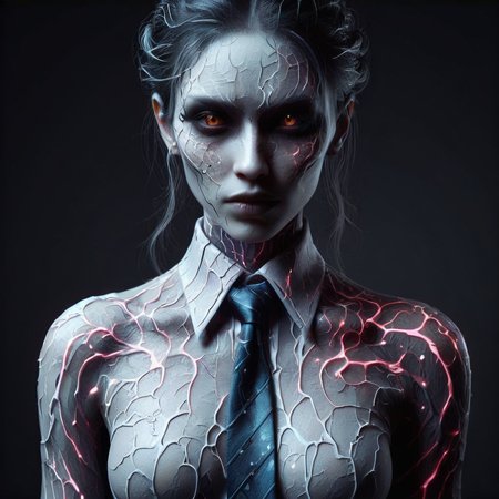 detailed DonMD3m0nXL woman, shirt with tie, cyberpunk, sci-fi, <lora:DonMD3m0nXL-000010:0.8>