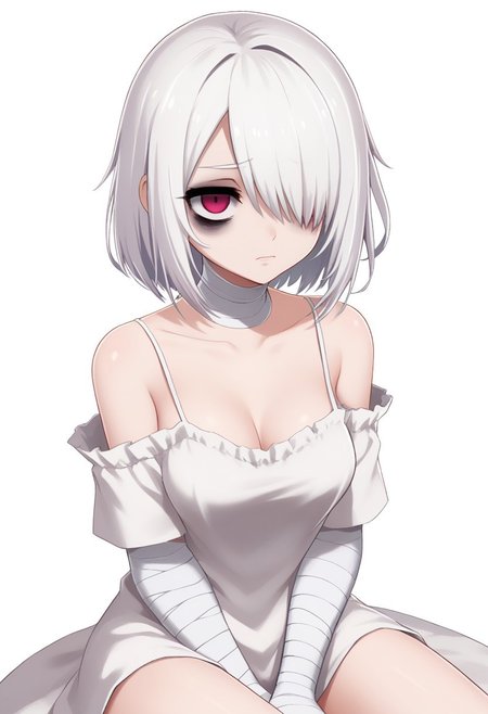 score 8 up, solo,1girl, white hair, hair over one eye, two-tone eyes, pink eyes, red eyes, white clothing, spaghetti_strap, oversized blouse, medium breasts, bags under eyes, mascara, bandaged_neck, bare legs, fewarriorsportraits, portrait, white background