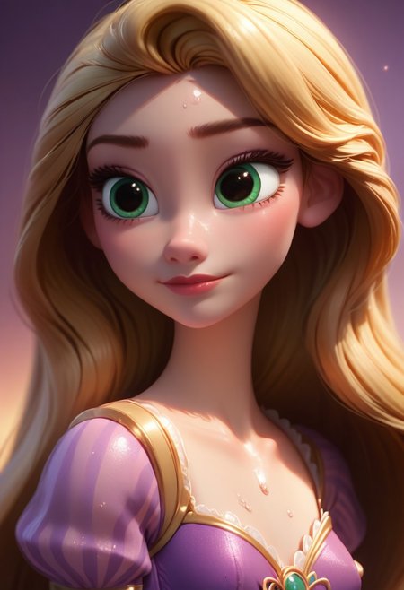 masterpiece,best quality, highly detailed, perfect skin, detailed skin, oiled skin, skindentations, 4k image, high resolution, score_9, score_8_up, score_7_up,  symmetrical face, beautiful eyes, 4k, solo, godrays, 1girl, (high detail, Smooth, sharp lines, detailed, masterpiece, RapunzelWaifu, purple dress, puffy sleeves, very long hair, blonde, green eyes, solo, seductive woman, eyeshadow, shining skin, perfect quality, high quality, ambient occlusion, raytracing, source_anime, shining glossy skin, soft lighting, soft skin, soft skin, realistic skin, blum effect, masterpiece, absolutely eye-catching, (((close shot of tits:1.5, tits focused:1.4))), perky nipples, perfect round breast, sweaty, sweat drops,