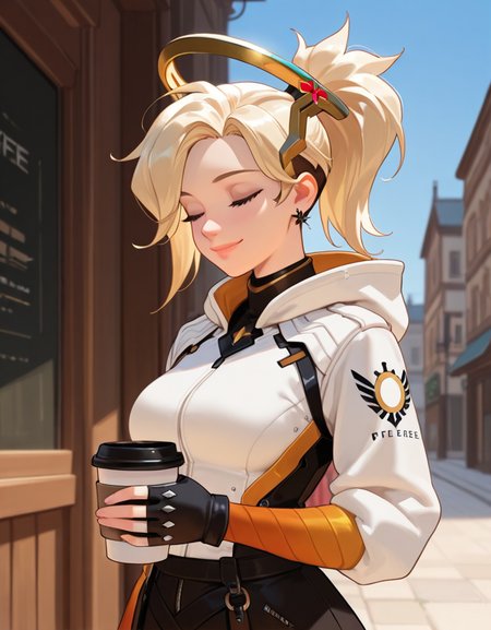 masterpiece, best quality, amazing quality, very aesthetic, absurdres,  newest, detailed background, cowboy shot, 4k, 8k, outdoors,
mercyxd, 1girl, solo, coffee cup, mechanical halo, closed eyes, cup, disposable cup, halo, blonde hair, gloves, holding cup, jewelry, holding, earrings, upper body, fingerless gloves, smile, ponytail, hood, high ponytail, nose, black gloves, coffee, lips,
 <lora:Mercy_-_Overwatch_Illustrious:1>