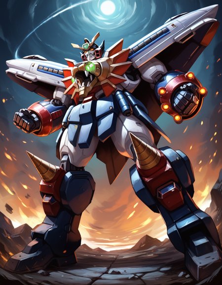 (score_9:0.9),score_8_up,score_7_up,rating_safe,(zPDXL3),(zPDXL),anime_style,
<lora:GaoGaiGar girl ponyXL v1:0.75>,
gaogaigar, no humans, solo, super robot, glowing, v-fin, science fiction, glowing eyes, clenched hands, looking up, from below, full body,  black thrusters