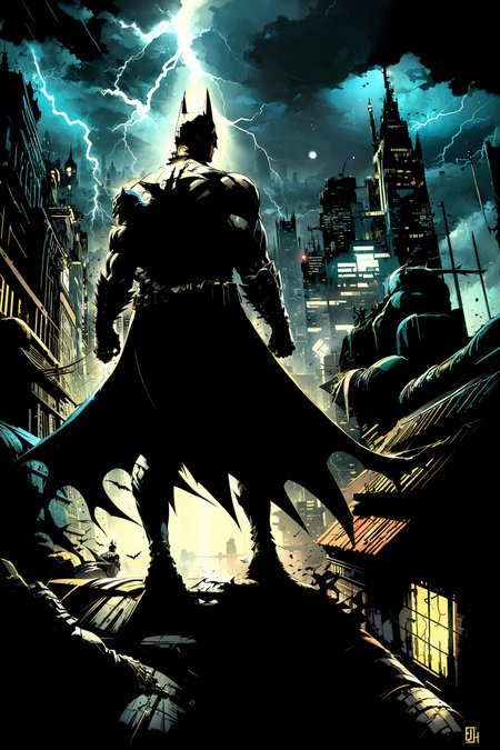 (masterpiece:1), (best quality:1), 1boy, batman, lightning strike, rooftop, roof, light from the back, Gotham city, <lora:Batman-KK77-V1:0.7>