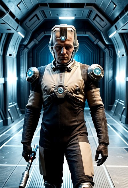 Corpus crewman in a spaceship corridor, science fiction,  dramatic shot, male focus, 1boy, male corpus crewman wearing corpus crewman helmet,  robot, rectangular helmet, blue light bar on helmet, brown and black corpus crewman suit, (helmet with hard edges, helmet with a flat front face, helmet with hard corners, helmet with blue light strip), black shoulder pad, tubes from metal chest plate, black gloves with silver palms, blue circle near hips,  metal bands below fore arm, fit, athletic build, square patch on thigh, holding electric baton,
realistic texture, realism, best quality, 
(((Corpus, corpus crewman, Tan and black corpus suit, corpus tileset,    Corpus helmet, wearing helmet, wearing corpus helmet,))) moa in the background, two legged robot in the background,