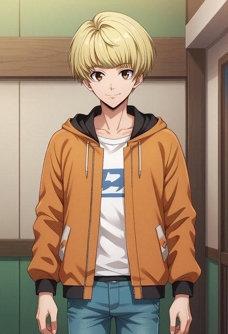 score_9, score_8_up, score_7_up, source_anime, highly detailed, 
banri, 1boy, solo, male focus, blonde hair, pants, shirt, brown eyes, looking at viewer, jacket, smile
orange jacket, hood, white shirt, short hair, open clothes, blue pants, jeans, collarbone, denim, bangs,
long sleeves, upper body, indoor,