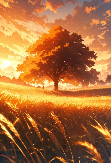detailed landscape, wheat field, flat landscape, one tree in the middle of the field, sunset, orange theme, dazzling light, backlit tree, calm, nature, clouds, wind, shadows, best quality, very aesthetic, absurdres, <lora:add-detail-xl:1>, <lora:MJ52:0.25>